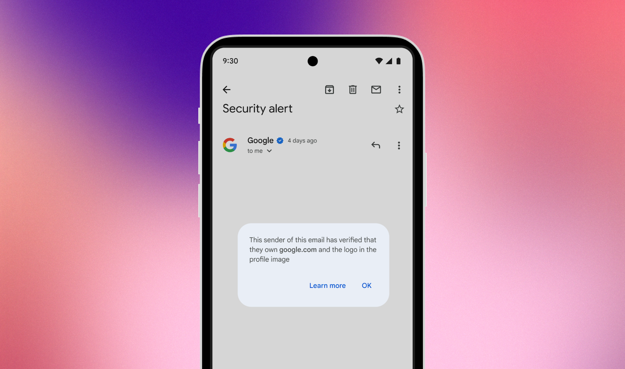 Gmail mobile app displaying a verified sender's logo and checkmark
