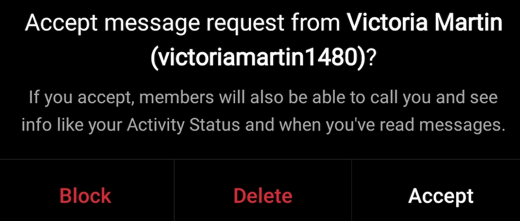 A message request notification from an Instagram user