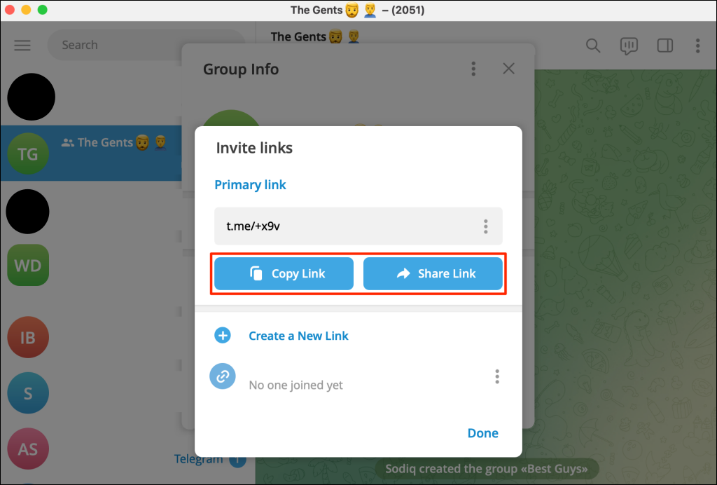 image - Online Tech Tips "Copy Link" and "Share Link" options for a Telegram group invite link - image