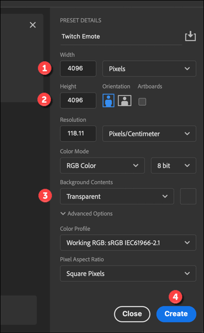 Photoshop-Create-Canvas-Options - Online Tech Tips How to Make Twitch Emotes Using Photoshop image 2 - Photoshop-Create-Canvas-Options