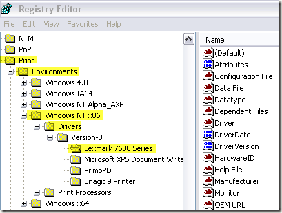 printer drivers registry